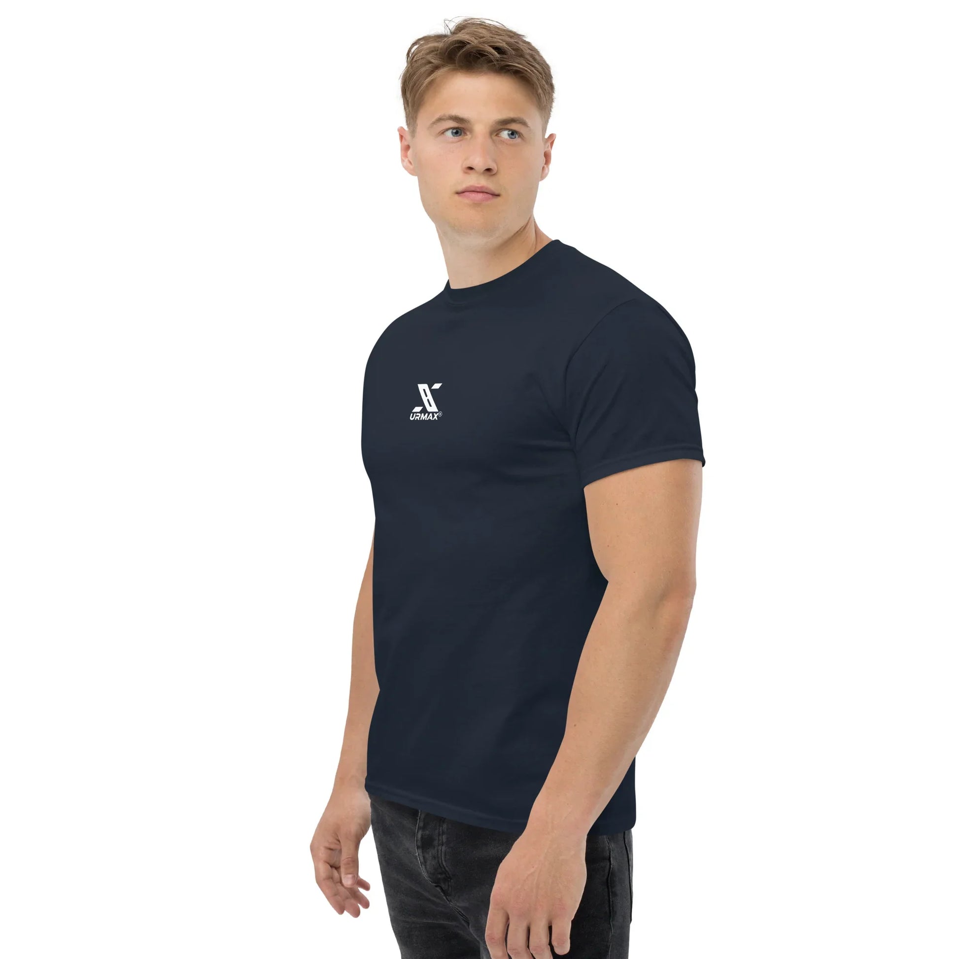 Man wearing navy unisex classic tee with white urmax logo, front left view