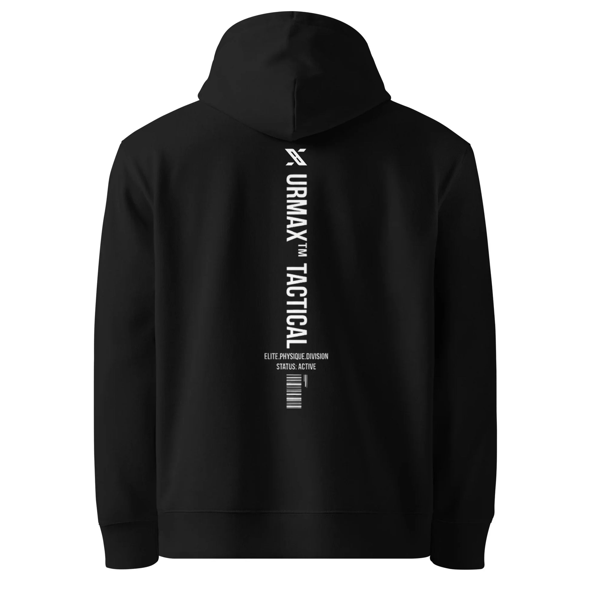 Black unisex hoodie with URMAX Tactical logo and vertical white text on back