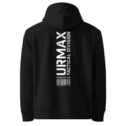 Black unisex hoodie with URMAX Tactical Division logo and barcode on back