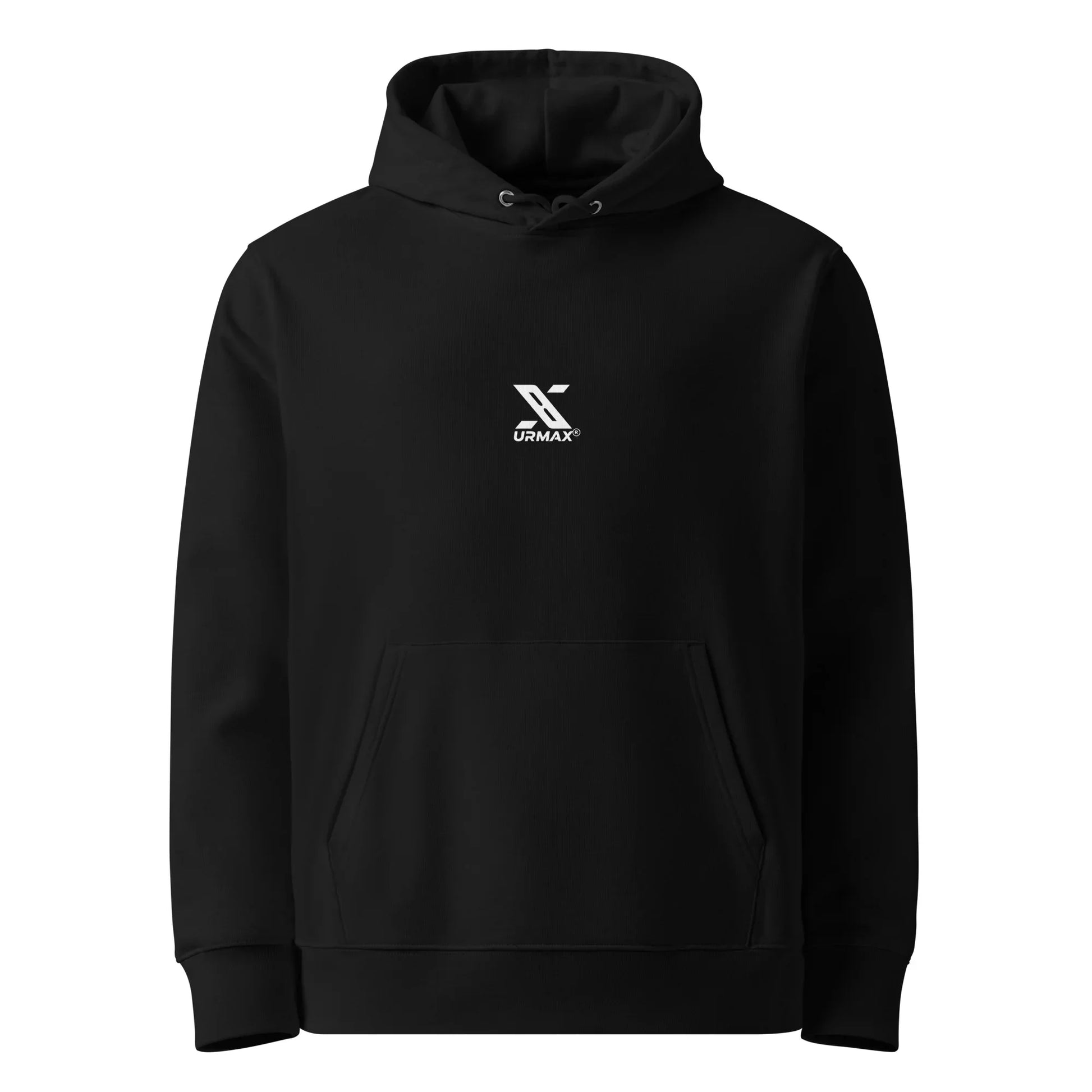 Black unisex eco hoodie with urmax logo on chest, front view, athletic streetwear
