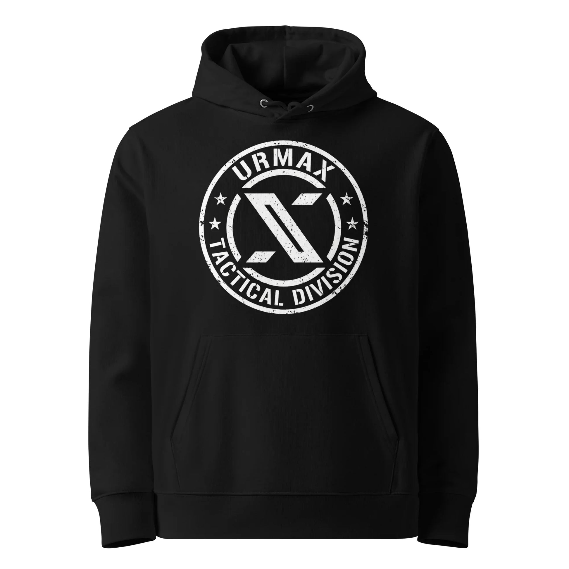 URMAX unisex black hoodie with white Tactical Division logo on front, front view