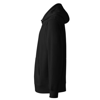 urmax unisex essential black eco hoodie side view with pocket and drawstring hood