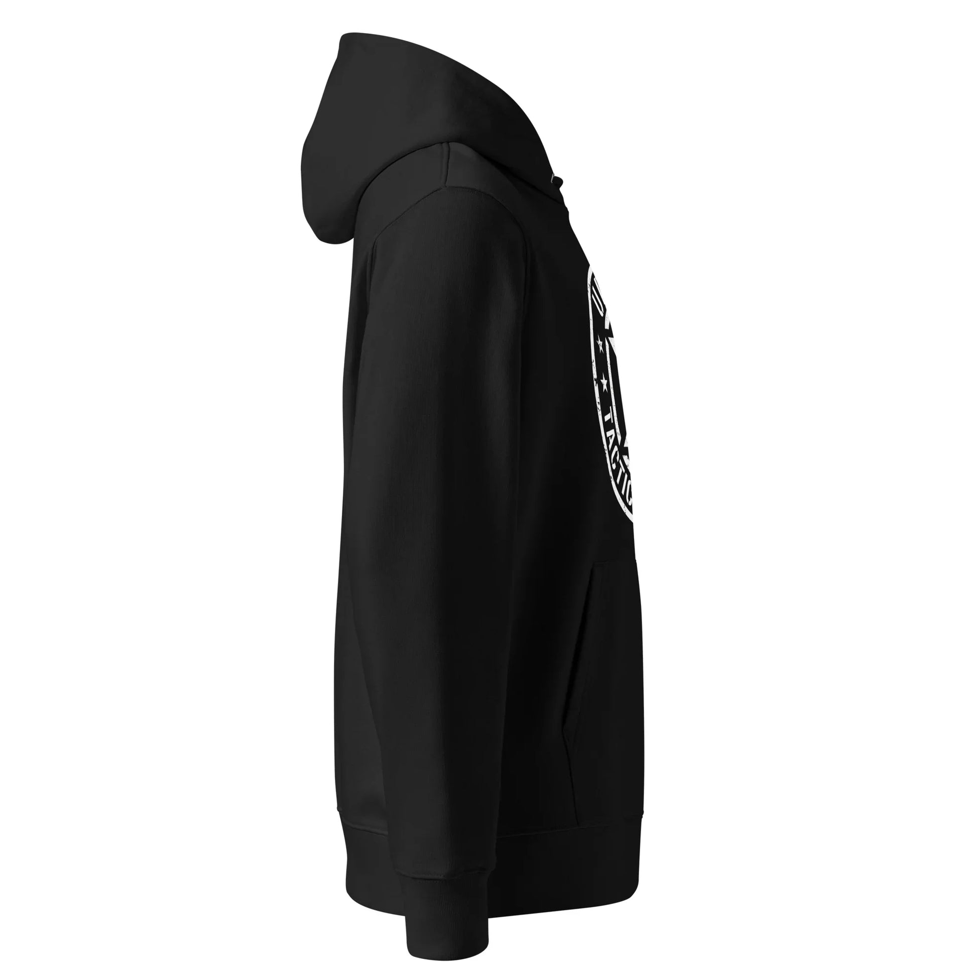 Black unisex eco hoodie right side view with white circular logo, urmax apparel